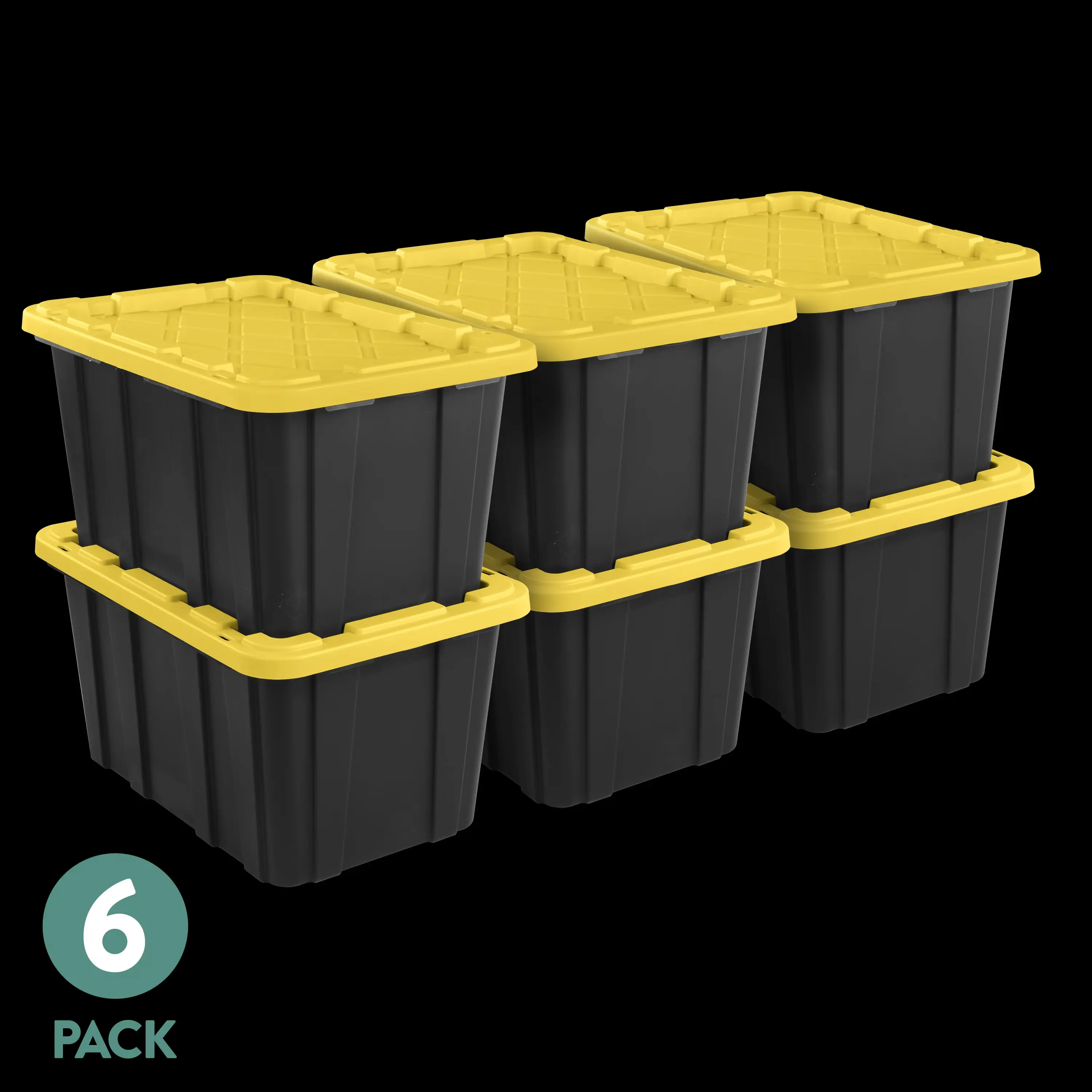 6-Pack Durable Plastic Storage Bins with Snap-On Lids, 27 Gal Large Black and Yellow Home Organizer Totes for Home Supplies