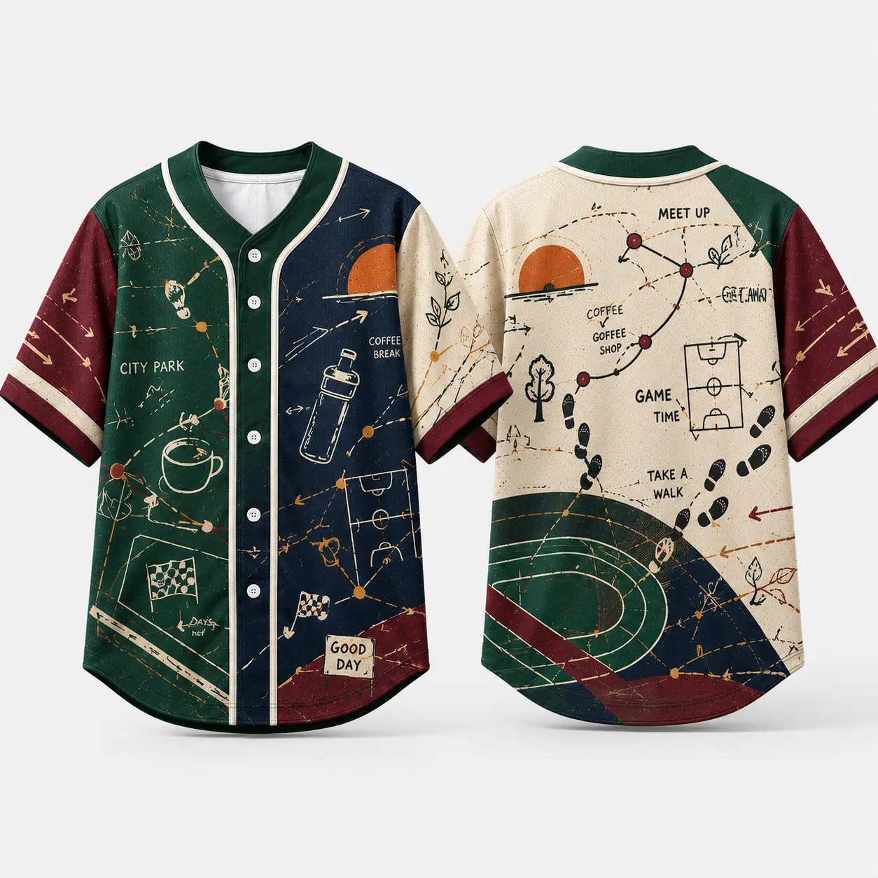 Men's City Park Baseball Jersey Shirt, Button Down Short Sleeve Campus Route Graphic Top, Back to School College Life Outfit, Coffee Break Meet Up Game Time Print, Lightweight Breathable Mesh Streetwear for Men and Students Daily Casual Wear Top Tees tikt