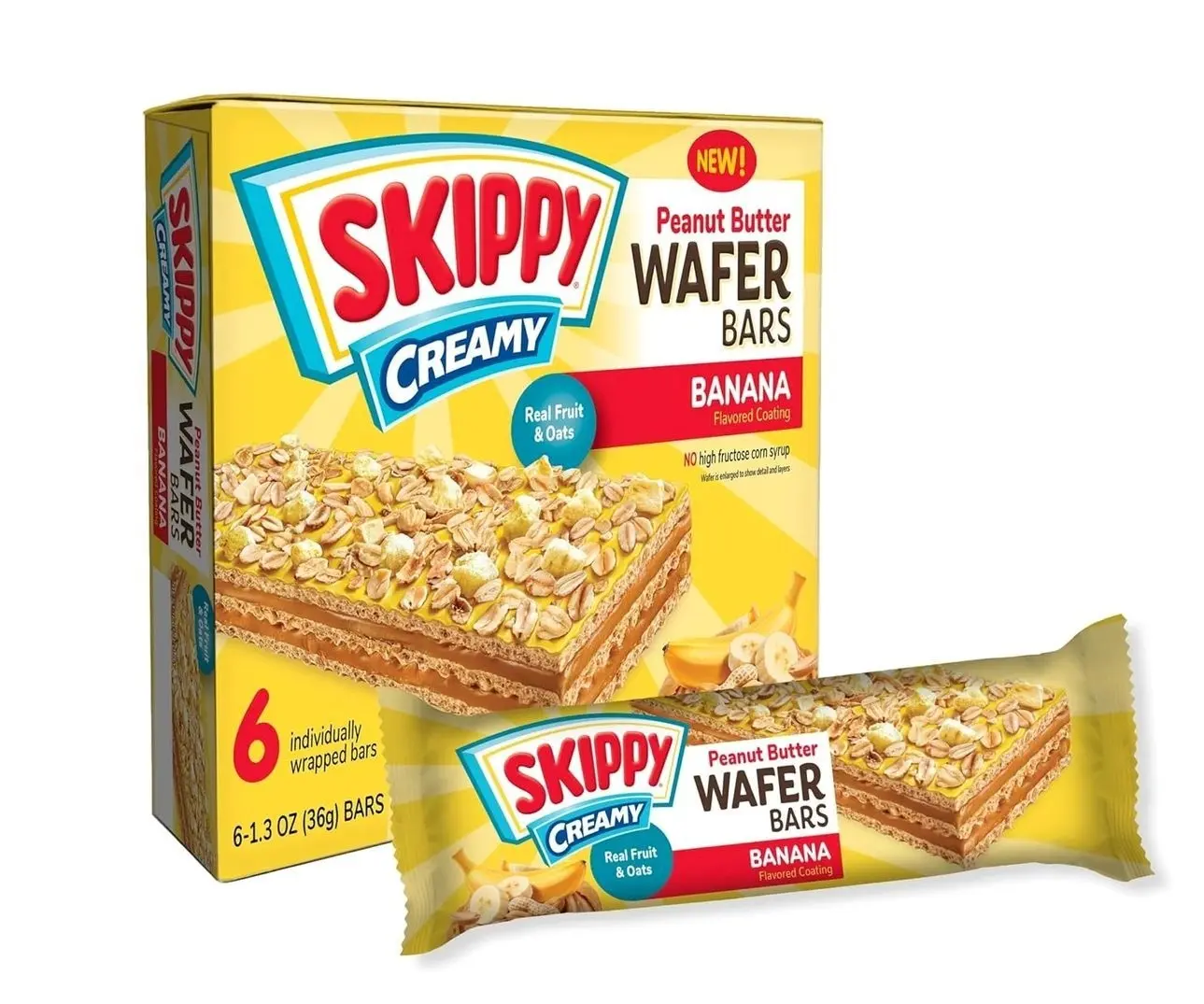 SKIPPY Creamy Peanut Butter Wafer Bars, Banana Flavor with Real Fruit & Oats, 6 Individually Wrapped Bars (7.8 oz Box)