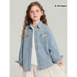 New(New)Girls' Denim Jacket 2025 with Embroidered Pockets & Bow Decorations Light Distressed Washable Casual Coat Single-Breasted Button Closure Long Sleeve Loose Fit for Fall Winter Everyday Outerwear School Playdates Non-Stretch Denim