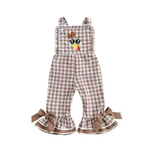 Kids Girls Overalls, Plaid Embroidery Turkey Flare Pants Thanksgiving Clothes for Casual Daily