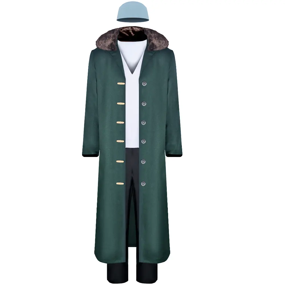 Kuzan Navy Admiral Cosplay Costume Set Green Coat White Shirt Black Pants Hat for Comic Con