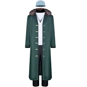 Kuzan Navy Admiral Cosplay Costume Set Green Coat White Shirt Black Pants Hat for Comic Con