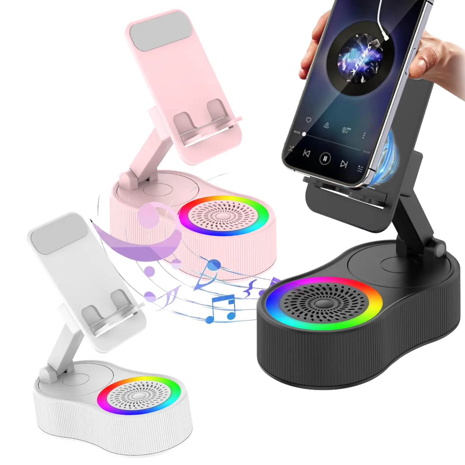 Wireless Induction Speaker 5in1 Cell Phone Holder USB Emergency Charging (4000mAh) Portable Power Phone Tablet Holder with Bluetooth/Sensor Audio and