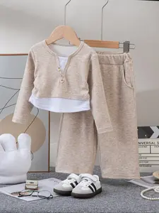 Girls' Knitted Casual Outfit Set, Long Sleeve V Neck Colorblock Top & Wide Leg Pants, Soft Warm for Spring Autumn Winter