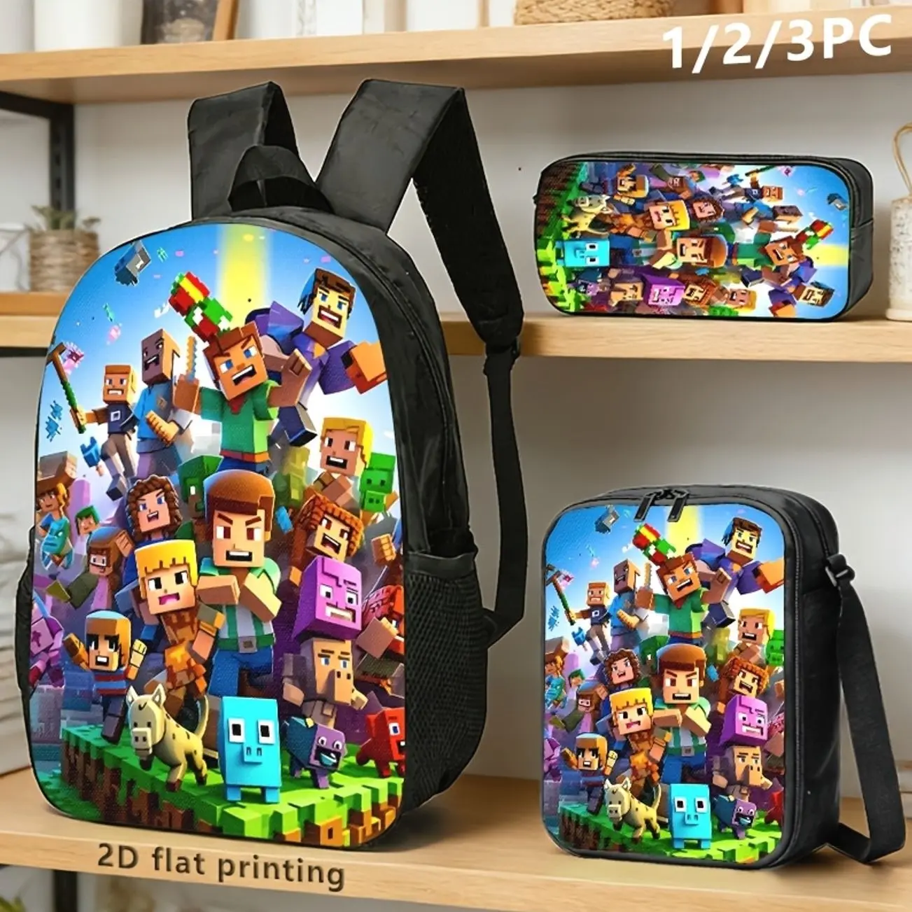 Pixel Art Backpack Set, 1/2/3 Piece Backpack with Pencil Case & Lunch Bag, Colorful Gaming Style Bag for School & Travel