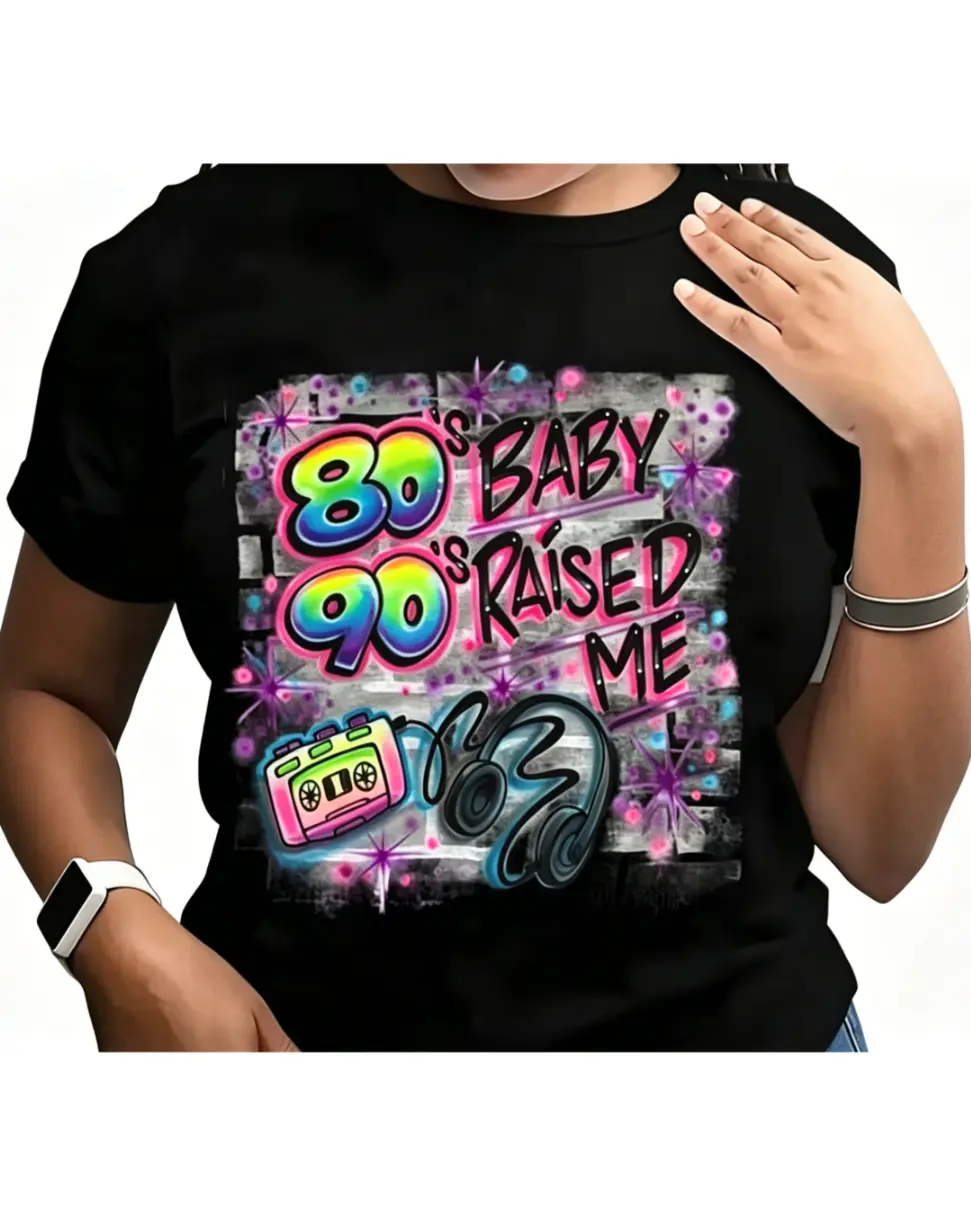 Women's Vintage Graphic T-Shirt, Casual Short-Sleeve Cotton Top with Colorful 80s 90s Airbrush Print, Breathable Streetwear, Shortsleeve, Rainbow, Baby