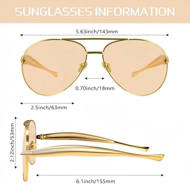 Summer Turn Up 1 PCS Large Frame Double Beam Metal Fashion Sunglasses, Advanced Retro Personality Versatile Daily Wear Street Photography Vacation Travel Beach Accessories, Gold Color Sleek Rectangular Acetate Sunglasses