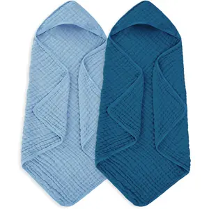 KF5-NG016 Muslin Hooded Baby Towels 100% Cotton ,Super Soft Muslin Baby Bath Towel - 32 x 32 Inches, Suitable for Newborn and Young Children up to 3 Years Old. (Light Blue & Dark Blue)