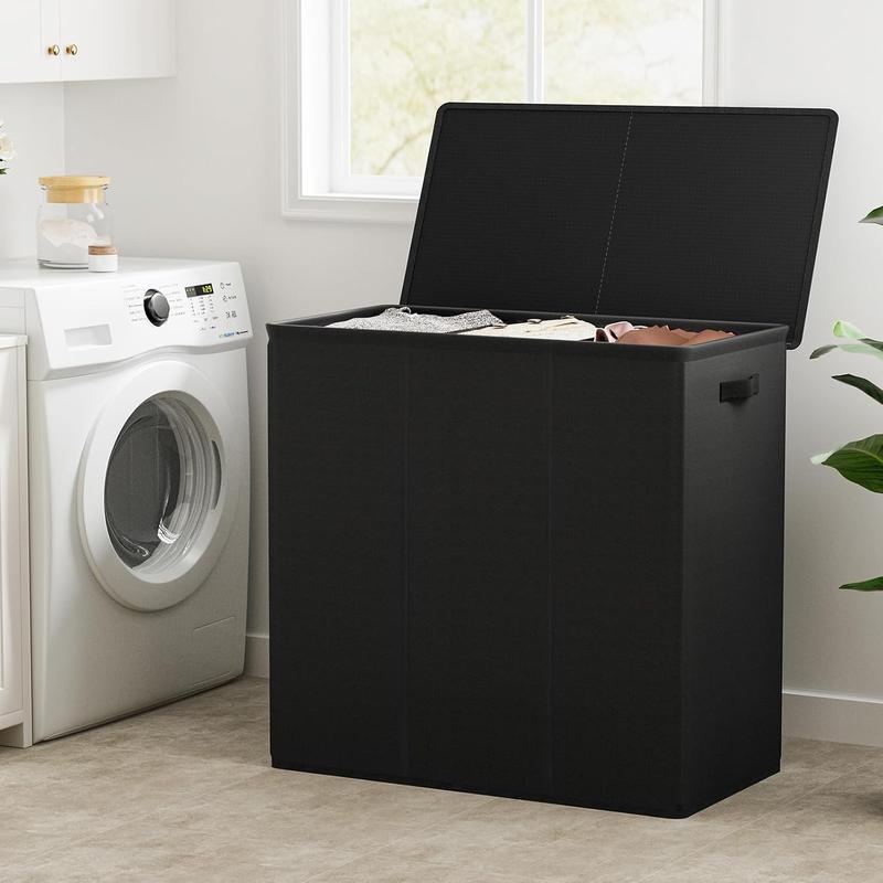 180L Laundry Hamper with Lid 3 Section,Large Laundry Basket with Removable Bags and Handles,Collapsible Dirty Clothes Hampers for Laundry,Laundry Basket Organizer for Laundry Room,Dorm,Black