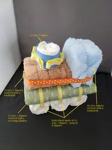 Train diaper cake - Blue, brown, green leaves