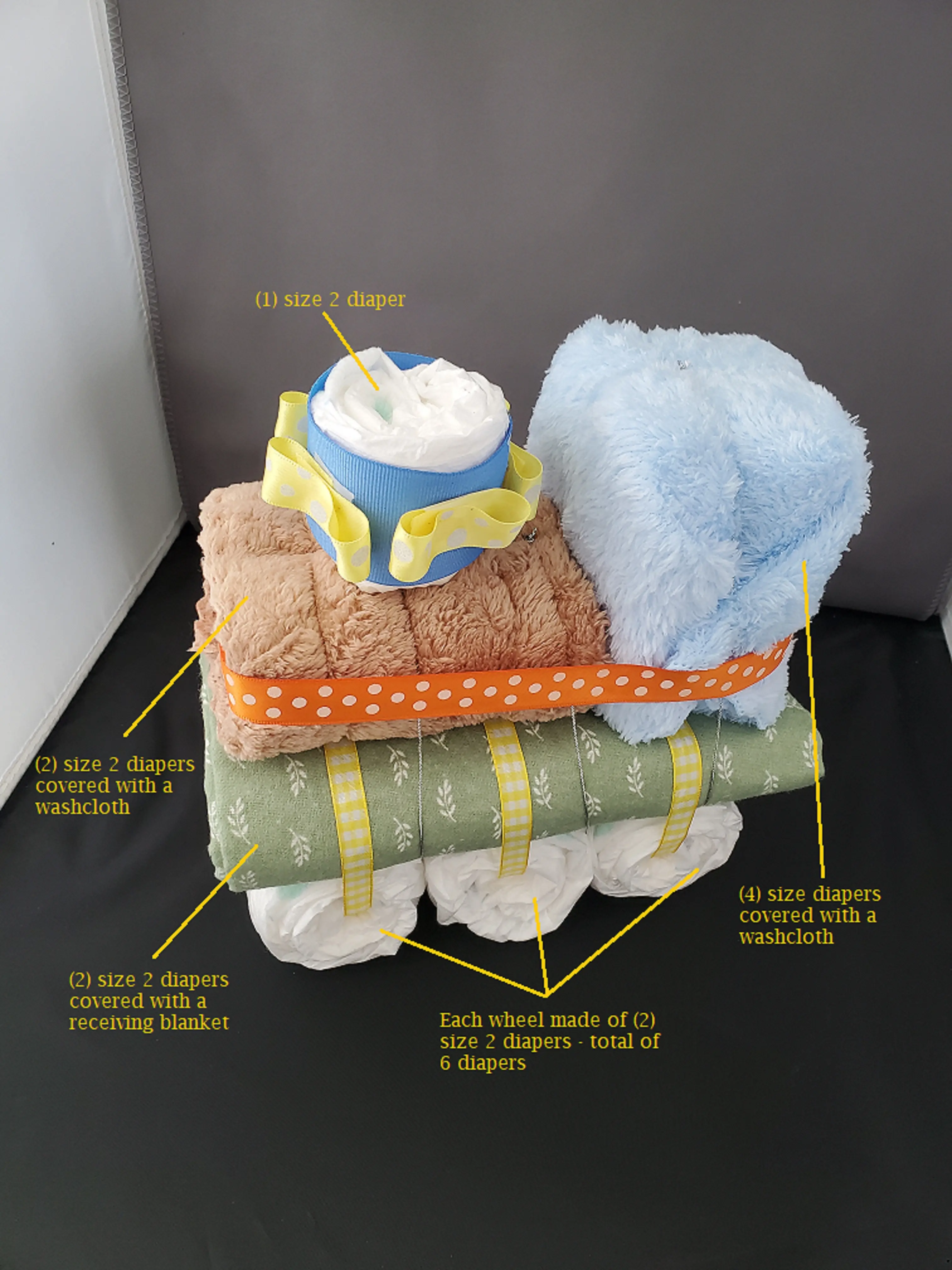 Train diaper cake - Blue, brown, green leaves