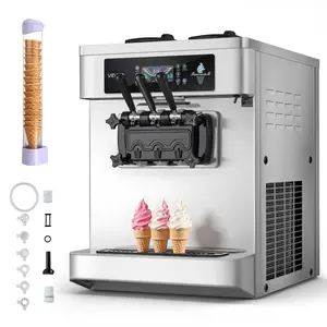 VEVOR Commercial Ice Cream Machine, 20-28L/H Yield, 2200W 3-Flavor Countertop Soft Serve Ice Cream Maker with 2x 6L Hoppers Built-In Puffing Pump, Pre-Cooling Low-Mix Alert for Snack Dessert Shops