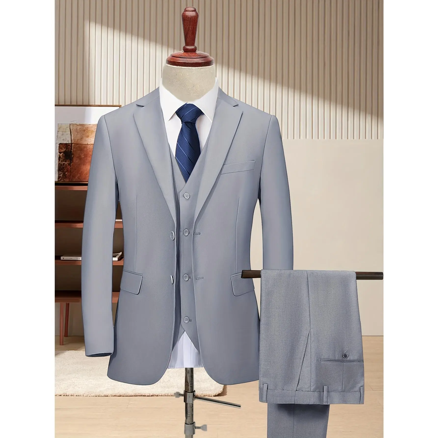 [Two Button Lapel] Menswear, Formal, Men's 3pcs Business Suit | Light Gray Color | Two Button Lapel Jacket Vest Trouser Set | Wedding Business Tuxedo