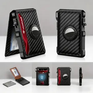 AirTag Wallet for Men | RFID Blocking Minimalist Bifold Wallet | Carbon Fiber Pop Up Aluminum Credit Card Holder with ID Window | Holds 6+ Cards | Gift for Men (No Airtag Included)