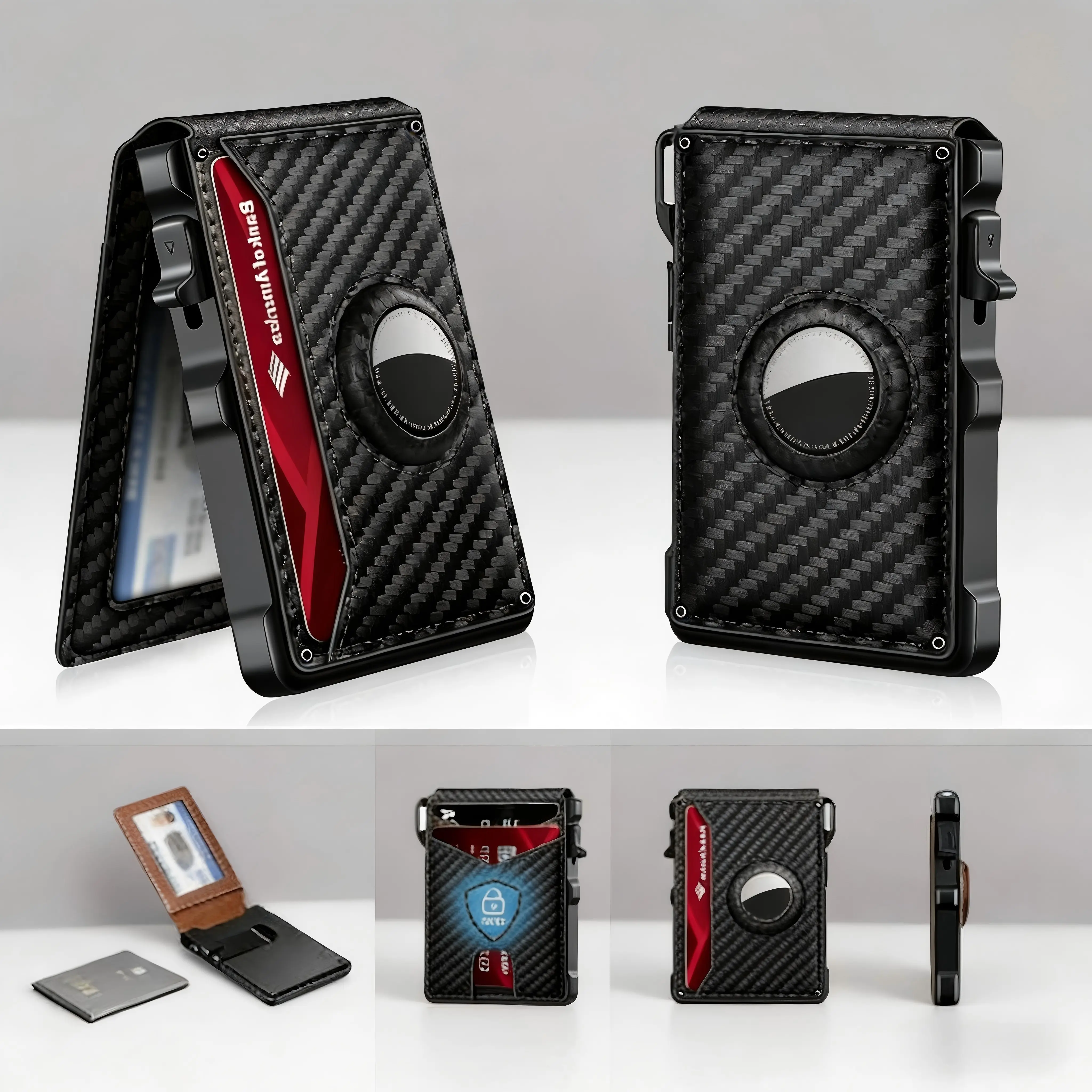 AirTag Wallet for Men | RFID Blocking Minimalist Bifold Wallet | Carbon Fiber Pop Up Aluminum Credit Card Holder with ID Window | Holds 6+ Cards | Gift for Men (No Airtag Included)