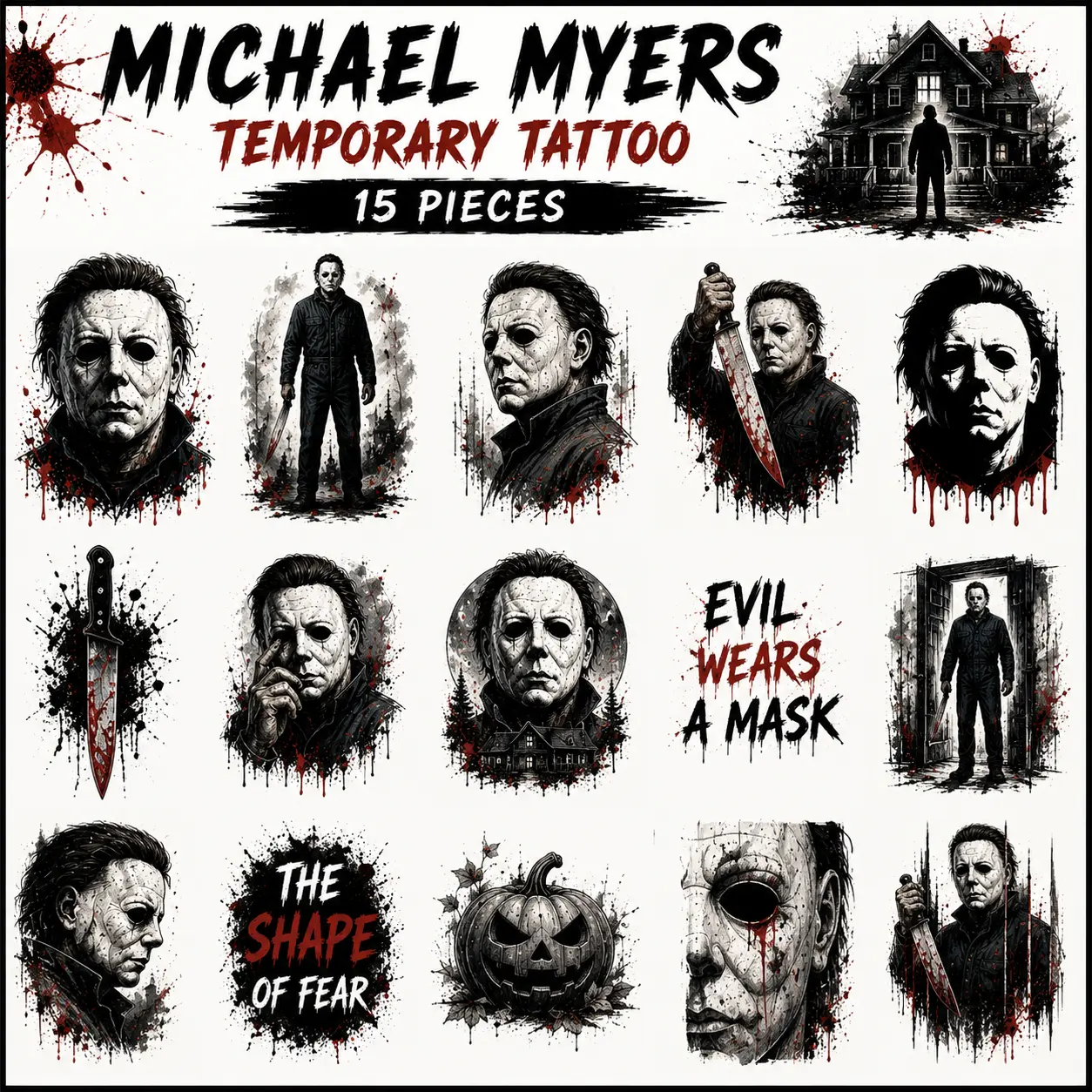 Michael Myers Temporary Tattoo Set, 15 Pieces, Halloween Horror Tattoos, Scary Mask Body Stickers, Horror Movie Inspired Temporary Tattoos for Adults & Teens, Halloween Party Costume Accessories