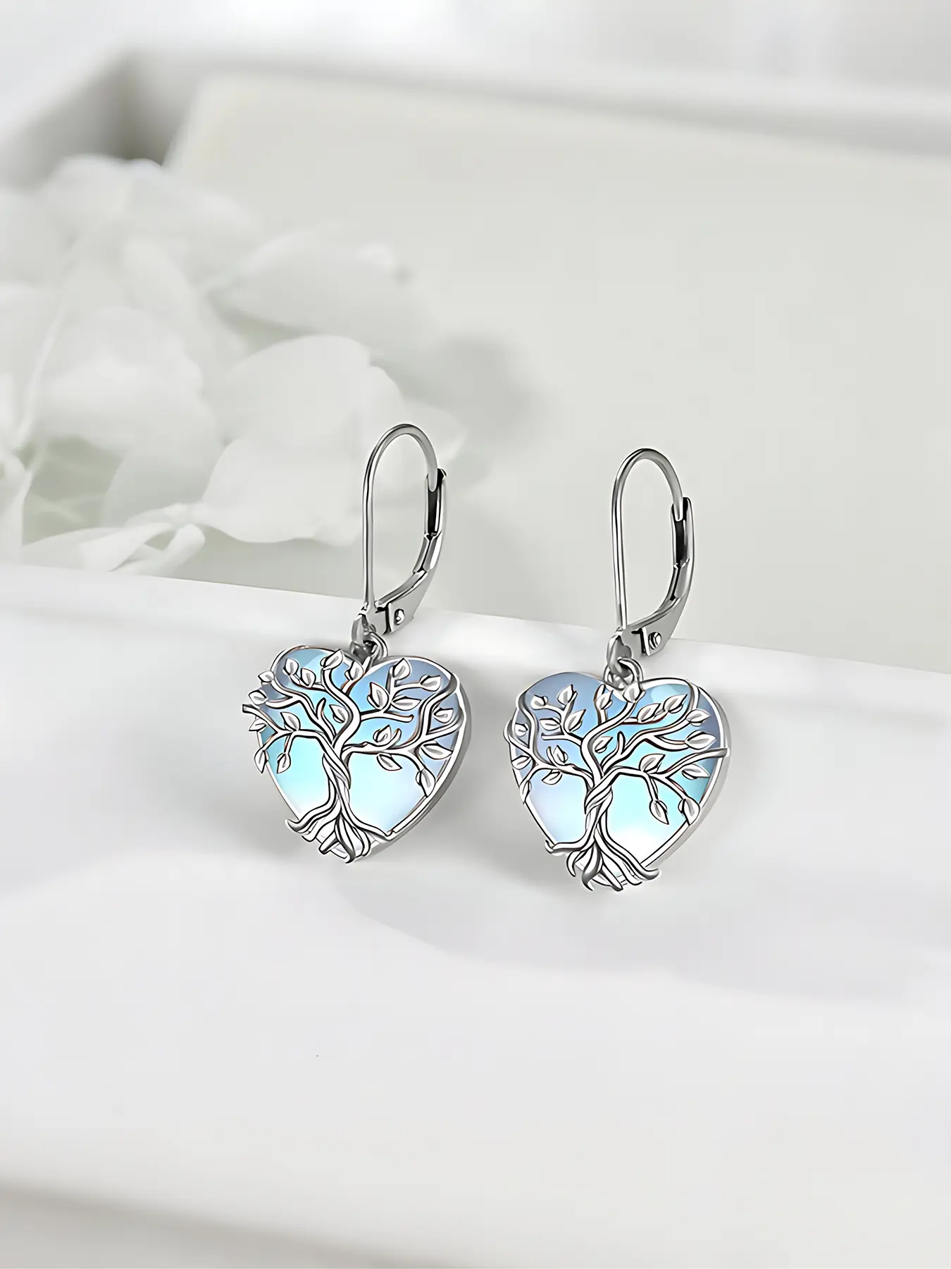 Mother's Day Gift Elegant Women's Classic Fashion 925 Silver Heart Tree of Life Moonstone Earrings, Hypoallergenic, Daily Wear, Birthday Party Gift, Heart Shape Earrings, Heart Shaped Earrings, Unique Earrings, Earrings Jewelry