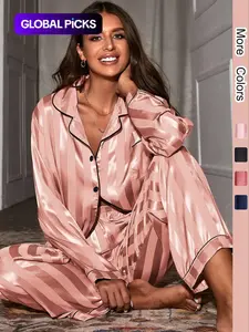 Two-piece Set Women's Striped Lapel Neck Button Front Pajama, Long Sleeve Pocket Shirt & Elastic Waist Pants Pj Set, Women's Casual Sleepwear Set for Spring & Fall, Glam Lounge Wear