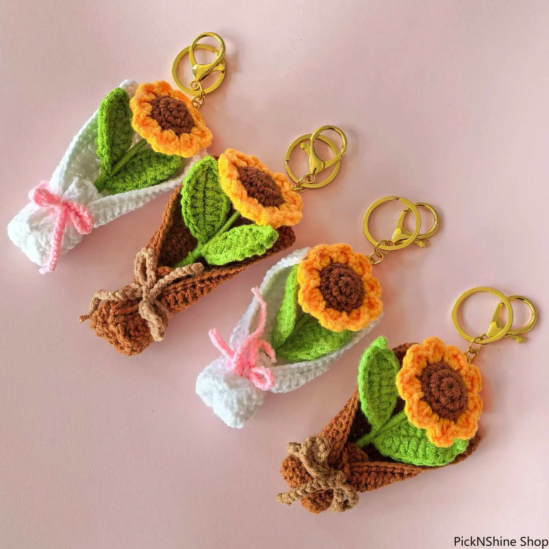 Handmade Crochet Sunflower Keychain - Synthetic Handcrafted Charm, Plush Pendant, Women's Casual Bag Accessory, Teacher Appreciation Gift, Sunflower Motif, Cute Sun Keychain, Basic