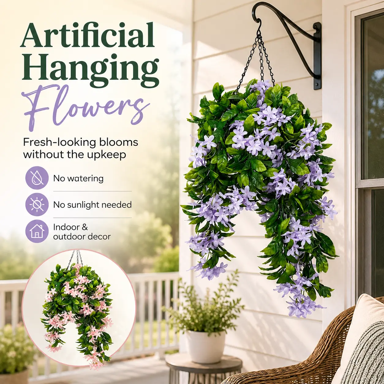 15" Faux Crepe Myrtle Hanging Flower Baskets – Realistic Artificial Hanging Flowers for Porch, Patio & Balcony Decor (Set of 2)