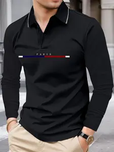 Men's Lightweight Spring & Autumn Long Sleeve Paris Letter Print Polo Shirt - Fashionable Vacation Casual Sports Outing Collared Top for Work & Golf, Perfect Gift for Boyfriend or Husband - Holiday Style Menswear Stylish Black