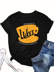 【Plus Size】 Letter & Cup Print Round Neck Tee, Fashion Casual Crew Neck Short Sleeve T-Shirt for Daily Outdoor Wear, Women Clothing for All Seasons