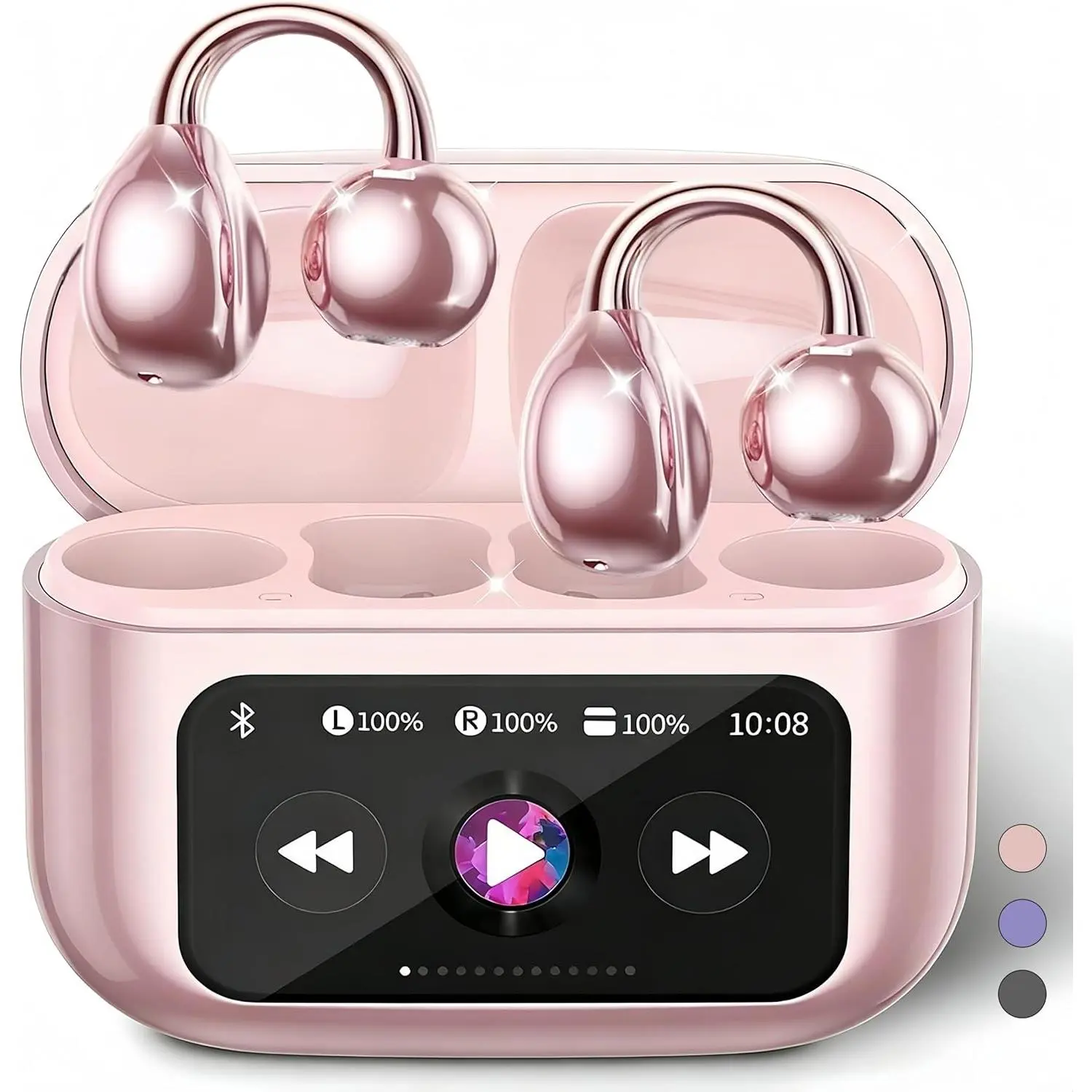 H-47 Open-Ear Clip-On Wireless Bluetooth 6.0 Titanium Headset, 4g Lightweight Memory Bone Conduction On-Ear Earbuds, Touchscreen Case, Noise Cancellation, 50H Battery, Water Resistant, Voice Control, Rose Gold, Android Compatible for Glasses Wearers, Allo