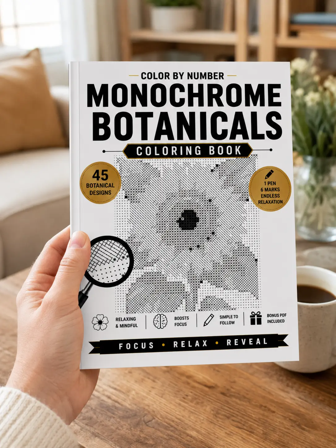 Color by number - monochrome botanicals coloring book : One Pen • Botanical drawing • 45 Beautiful Botanical Mysteries to Reveal .