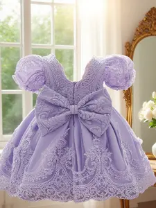 Girls Elegant Embroidery Lace Trim Tulle Overlay Dress, Lovely Bow Dress For Formal Occasion Birthday Party Photography Banquet
