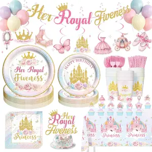 Her Royal Fiveness Birthday Decorations, 5 Year Old Princess Party Tableware Supplies with Balloons, Banners, Cake Toppers, Tablecloths, Plates, Cups, Straws, Forks & Hanging Swirls 193 PCs