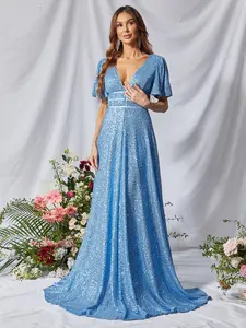 Elegant Deep V Short Sleeve Sequin Maxi A Line Dresses