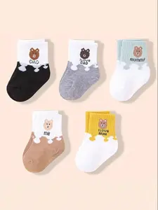 Baby Socks 5 Pairs, Low Cut Elastic Ankle Socks, Unisex Soft Teddy Bear Pattern, Suitable for Newborns & Toddlers