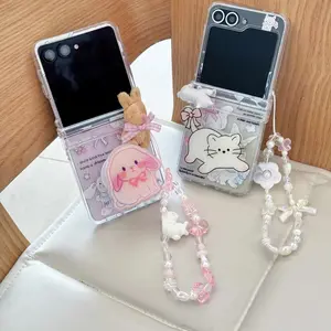 Transparent Cute Plush Kitty Cat Rabbit Stand Holder With Lanyard Phone Case For Samsung Z Flip 5 4 3 6 7 FE  Shockproof Cover