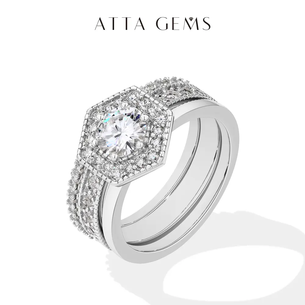 ATTAGEMS D VVS1 Color Lab-Created Moissanite Ring for Women Classic Real 925 Sterling Silver Engagement Wedding Female Rings Fine Jewelry Set Party Birthday Gift R307, Wedding Ring Set summerwins