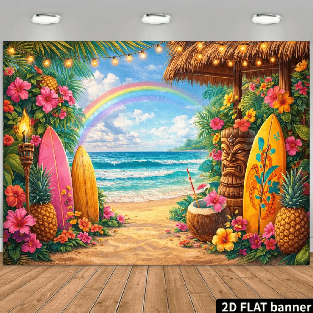 2D Flat Banner Polyester Photography Backdrop - HD Digitally Printed Tropical Beach Scene Cloth with Rainbow, Surfboards, Pineapples, Flowers for Birthday Party, Summer Events, Photo Booths, Hd Print, One-Piece