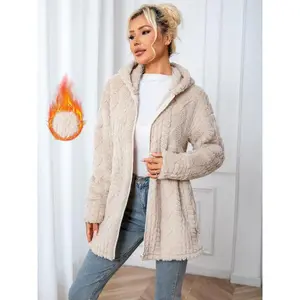Women's Fall Winter Knit Jacquard Hooded Plush Zipper Coat, Elegant Loose-Fitting Thick Fabric Jacket, Plain Pattern Outerwear