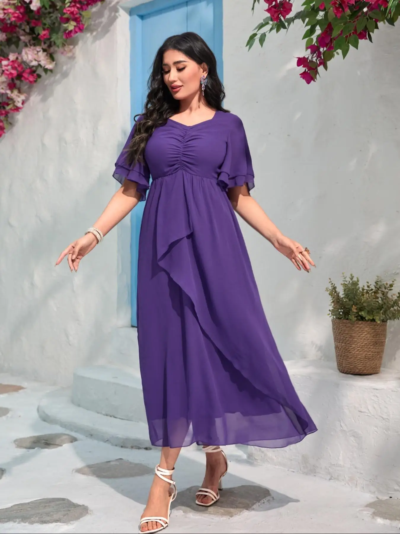 Women's Plain V Neck Ruffle Trim Chiffon Dress, Elegant Bishop Sleeve Long Dress for Party Holiday Wedding Guest, Ladies Clothes for All Seasons