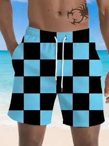 Summer Cool Blue Checkered Shorts Men Drawstring Casual Pants Beach Vacation Essential, Loose-Fitting All over Print