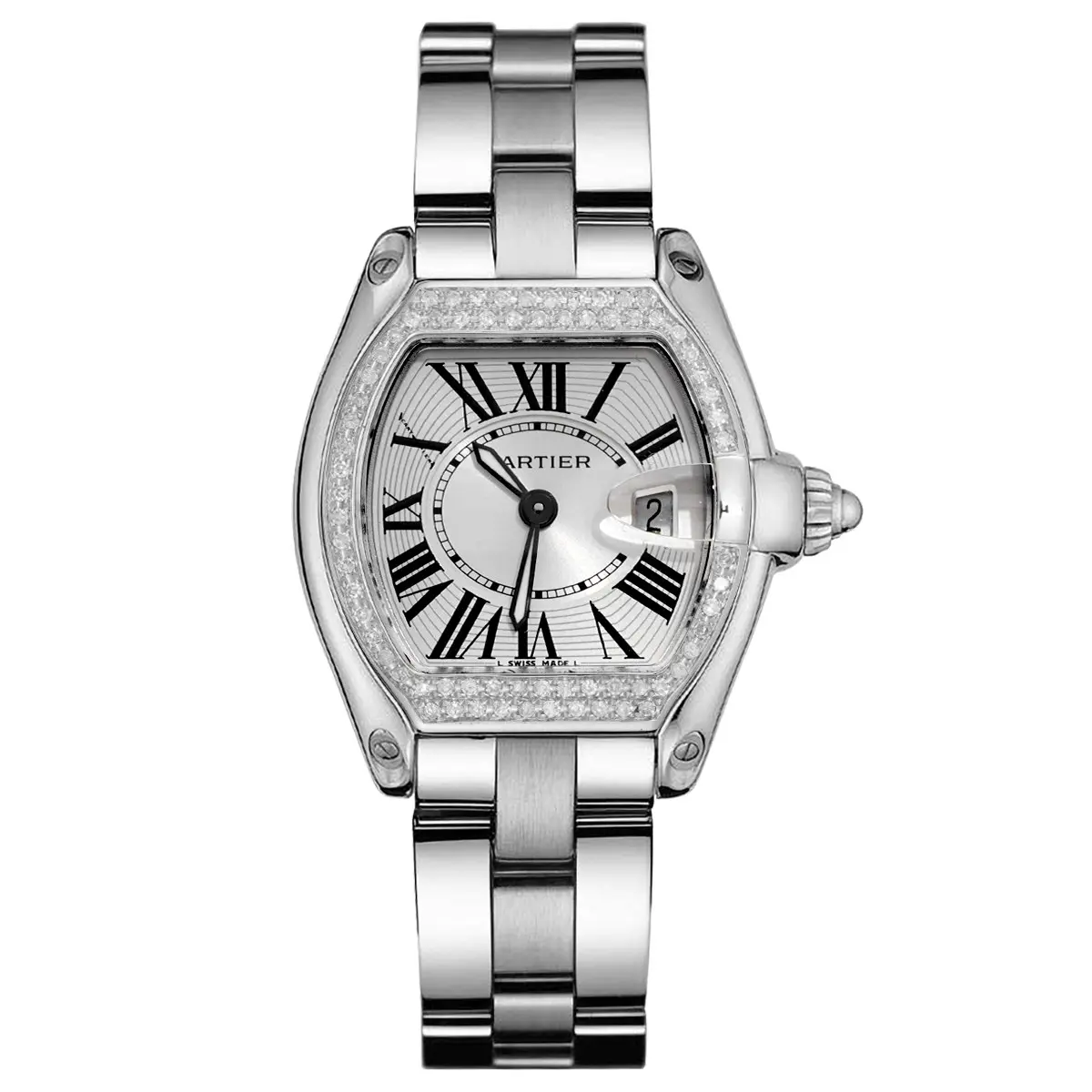 Cartier Roadster Ladies Quartz Watch W62016V3 White Dial Stainless Steel with Aftermarket Diamonds 37 × 28mm WHT032007