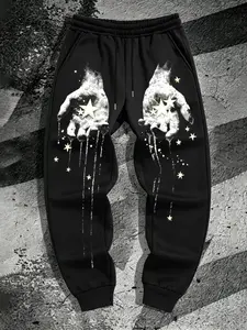 Men's Gothic Star Drop Print Sport Pants, Loose Fit Street Style Cuffed Pants, Ideal for Daily Wear and Sports Activities