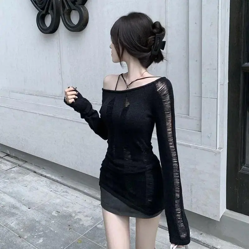 Women's Black Vintage Y2K Aesthetic Hollow-Out Knitted Sweater - Off-Shoulder, Slim-Fit, Long-Sleeves, Skeleton Print, Punk Statement Top, Harajuku Grunge Korean Womenswear