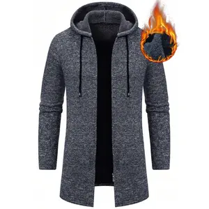 Men's Solid Color Long Sleeve Hooded Long Cardigan With Drawstring, Thermal Lined, Autumn/Winter Men Coats With Hood Men Long Jacket Coat For Man