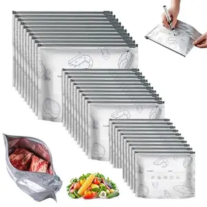 Food Storage Bags, Resealable Ziplock Stand-Up Bags, Airtight Seal for Freezer Fridge Pantry, with Label & 3 Sizes, BPA-Free, for Meat Fruit Vegetables Snacks, 30 Pack Reusable Aluminum Foil