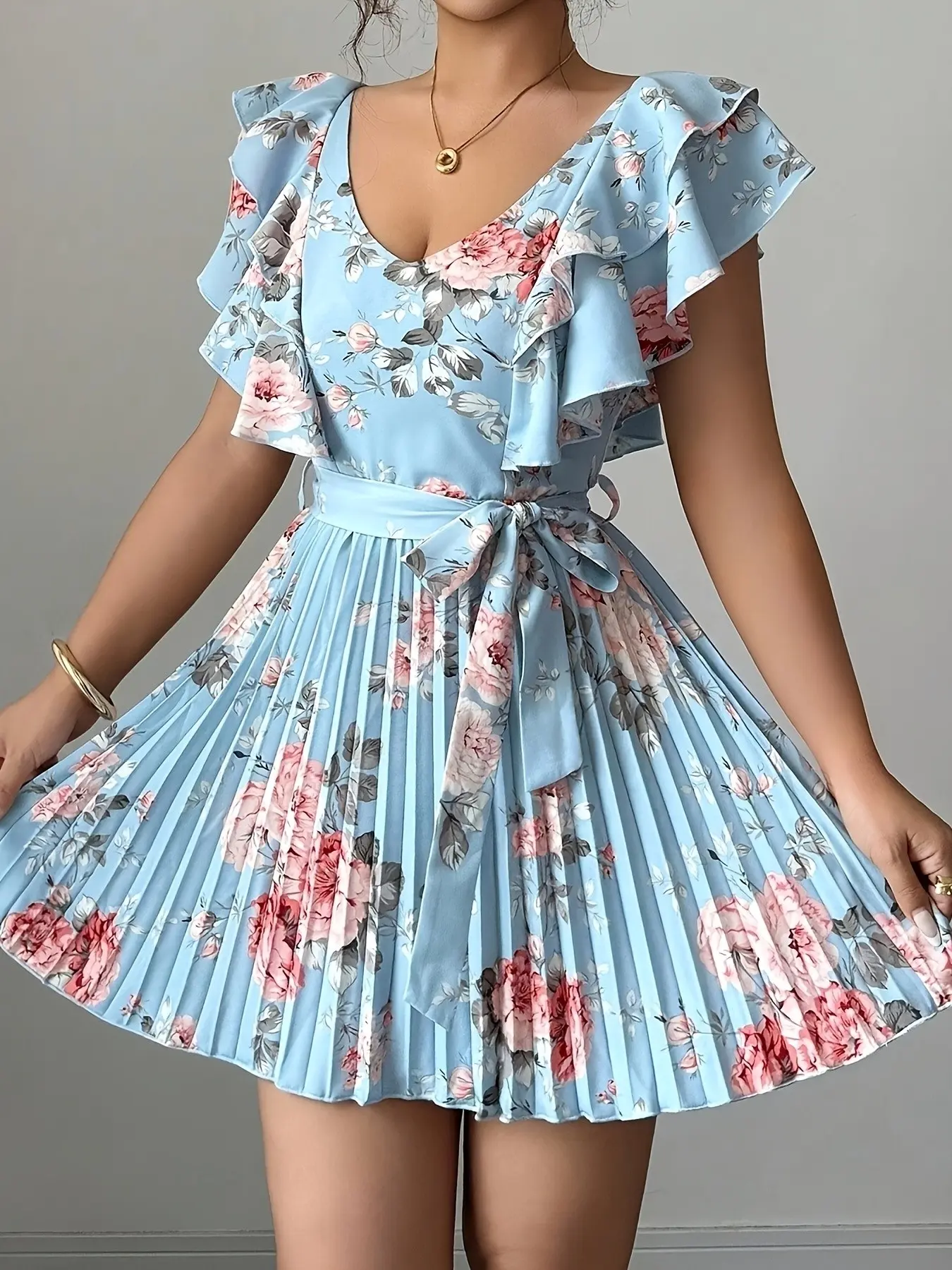 Women's Casual Pleated Floral Print Elegant Sleeveless Dress, Stylish and Comfortable Design, Perfect for Daily Wear and Special Occasions, Woven Summer Fabric