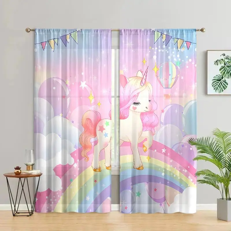 Cartoon Unicorn Pattern Curtain, 2 Counts/set Curtain with Easy To Install Pole Pockets, Semi Transparent Privacy Curtain for Bedroom, Living Room, Kitchen, Curtain For Windows, Home Decoration Curtain