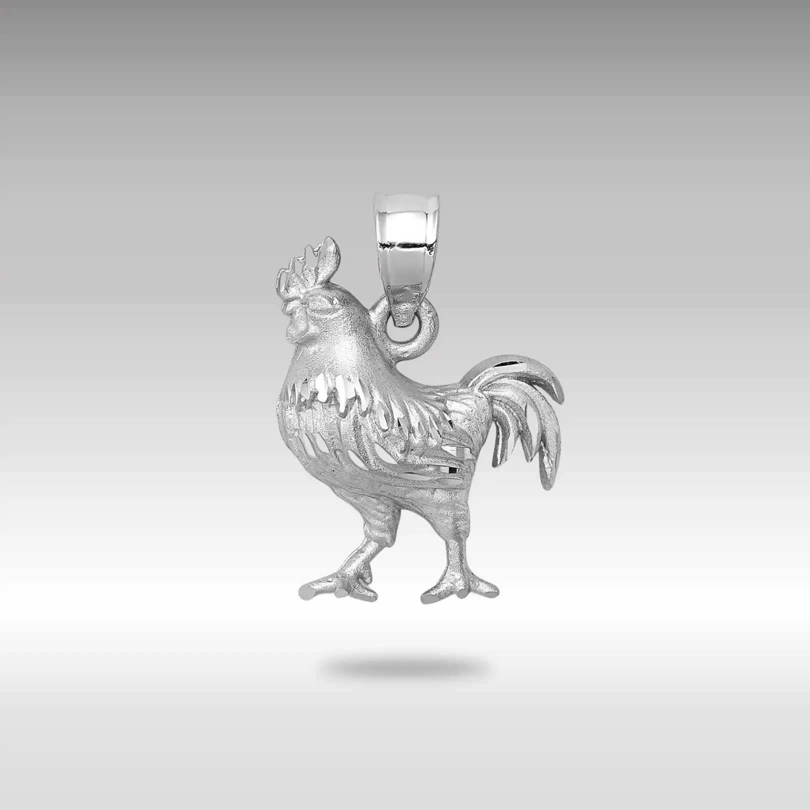 White 14K Gold Satin Diamond-cut Rooster Pendant - Model D4593