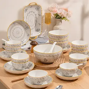 8/16/25 piece ceramic Dinnerware set, unique ink print, including bowls, plates, soup bowls, square plates, spoons, chopsticks, can hold various delicious dishes, suitable for household, restaurant, party and other occasions, essential tableware for home