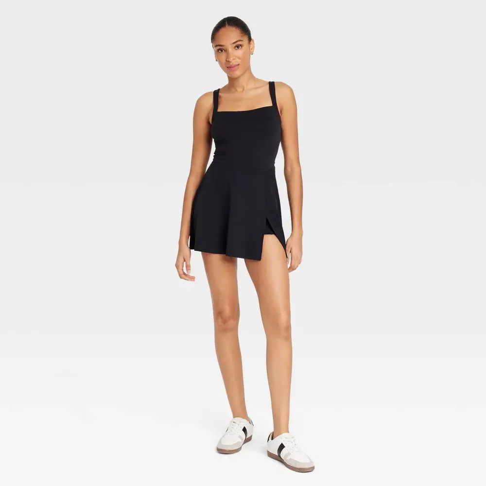 Women's Athletic Knit Squareneck Slit Dress - JoyLab Black XS, Midweight, Pull-On Style with Built-in Shorts, Athletic Dress