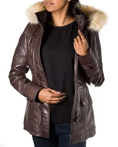 MotorCycleJackets Women's Detachable Hooded Fur Collar Duffle Coat